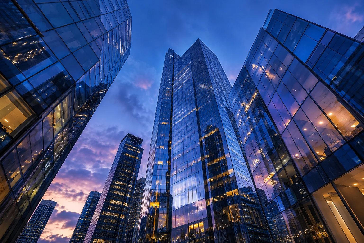 Illustrative modern glass architecture with blue and violet reflections