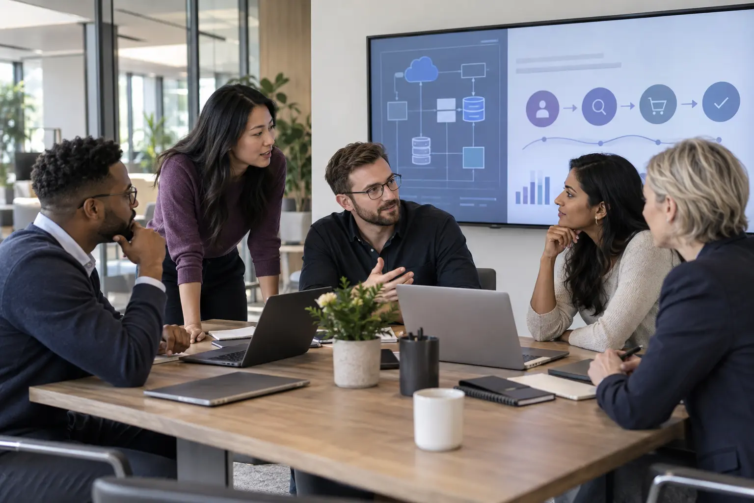 Diverse consulting and technology team working through architecture and customer journeys